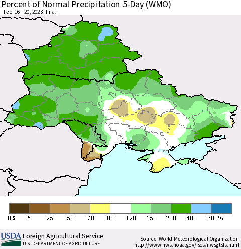 Ukraine, Moldova and Belarus Percent of Normal Precipitation 5-Day (WMO) Thematic Map For 2/16/2023 - 2/20/2023