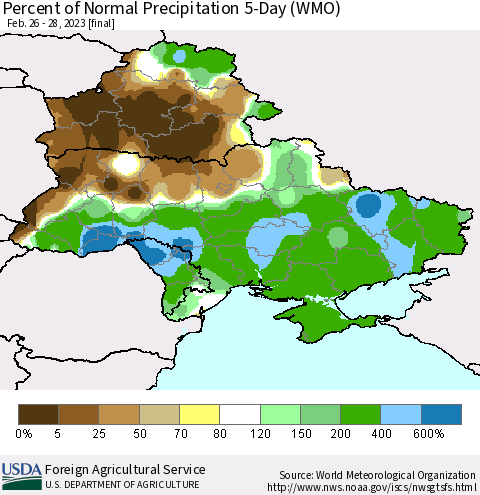 Ukraine, Moldova and Belarus Percent of Normal Precipitation 5-Day (WMO) Thematic Map For 2/26/2023 - 2/28/2023