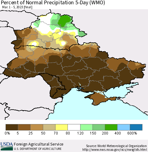 Ukraine, Moldova and Belarus Percent of Normal Precipitation 5-Day (WMO) Thematic Map For 3/1/2023 - 3/5/2023