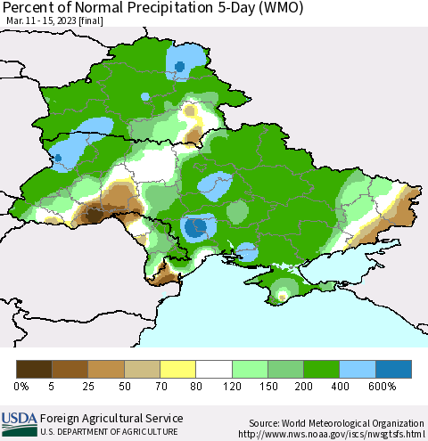 Ukraine, Moldova and Belarus Percent of Normal Precipitation 5-Day (WMO) Thematic Map For 3/11/2023 - 3/15/2023