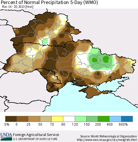 Ukraine, Moldova and Belarus Percent of Normal Precipitation 5-Day (WMO) Thematic Map For 3/16/2023 - 3/20/2023