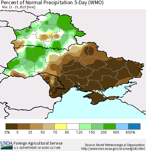 Ukraine, Moldova and Belarus Percent of Normal Precipitation 5-Day (WMO) Thematic Map For 3/21/2023 - 3/25/2023