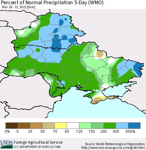 Ukraine, Moldova and Belarus Percent of Normal Precipitation 5-Day (WMO) Thematic Map For 3/26/2023 - 3/31/2023