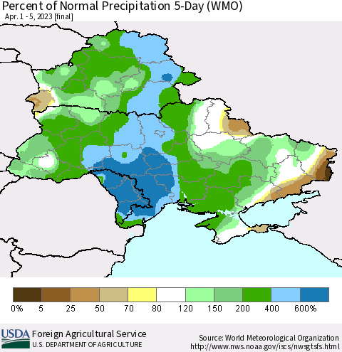 Ukraine, Moldova and Belarus Percent of Normal Precipitation 5-Day (WMO) Thematic Map For 4/1/2023 - 4/5/2023