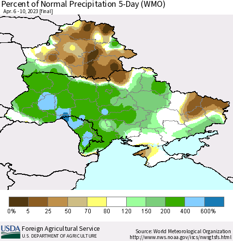 Ukraine, Moldova and Belarus Percent of Normal Precipitation 5-Day (WMO) Thematic Map For 4/6/2023 - 4/10/2023