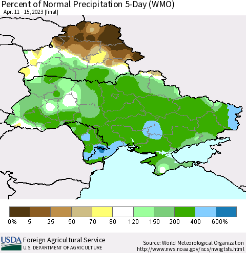 Ukraine, Moldova and Belarus Percent of Normal Precipitation 5-Day (WMO) Thematic Map For 4/11/2023 - 4/15/2023