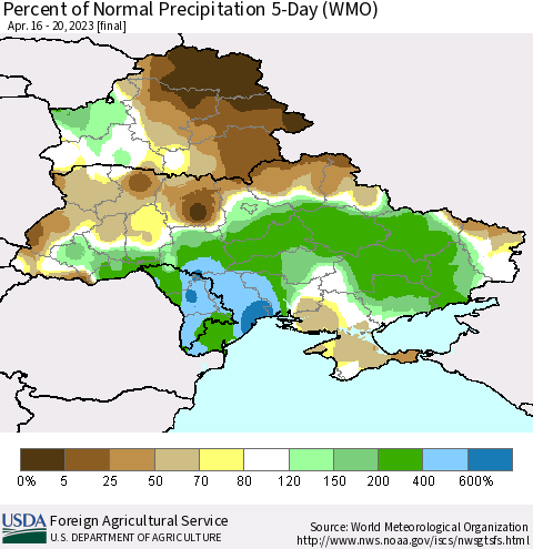 Ukraine, Moldova and Belarus Percent of Normal Precipitation 5-Day (WMO) Thematic Map For 4/16/2023 - 4/20/2023