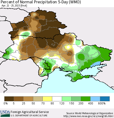 Ukraine, Moldova and Belarus Percent of Normal Precipitation 5-Day (WMO) Thematic Map For 4/21/2023 - 4/25/2023