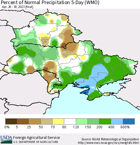 Ukraine, Moldova and Belarus Percent of Normal Precipitation 5-Day (WMO) Thematic Map For 4/26/2023 - 4/30/2023