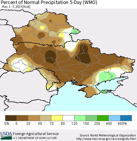 Ukraine, Moldova and Belarus Percent of Normal Precipitation 5-Day (WMO) Thematic Map For 5/1/2023 - 5/5/2023