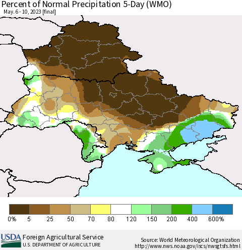 Ukraine, Moldova and Belarus Percent of Normal Precipitation 5-Day (WMO) Thematic Map For 5/6/2023 - 5/10/2023