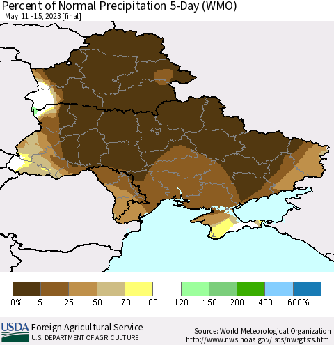 Ukraine, Moldova and Belarus Percent of Normal Precipitation 5-Day (WMO) Thematic Map For 5/11/2023 - 5/15/2023