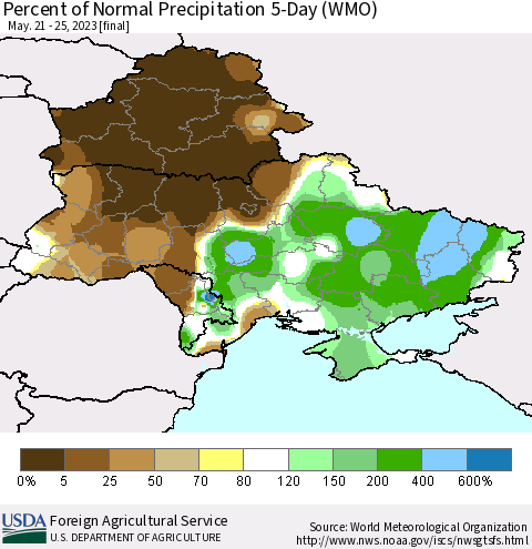 Ukraine, Moldova and Belarus Percent of Normal Precipitation 5-Day (WMO) Thematic Map For 5/21/2023 - 5/25/2023