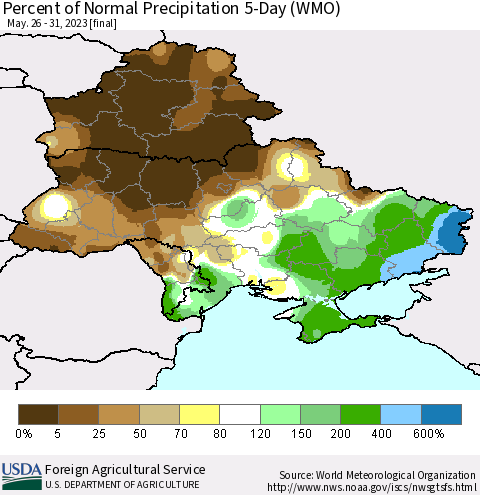 Ukraine, Moldova and Belarus Percent of Normal Precipitation 5-Day (WMO) Thematic Map For 5/26/2023 - 5/31/2023