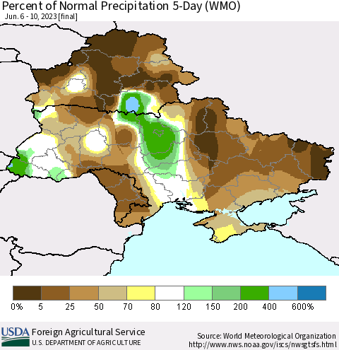 Ukraine, Moldova and Belarus Percent of Normal Precipitation 5-Day (WMO) Thematic Map For 6/6/2023 - 6/10/2023