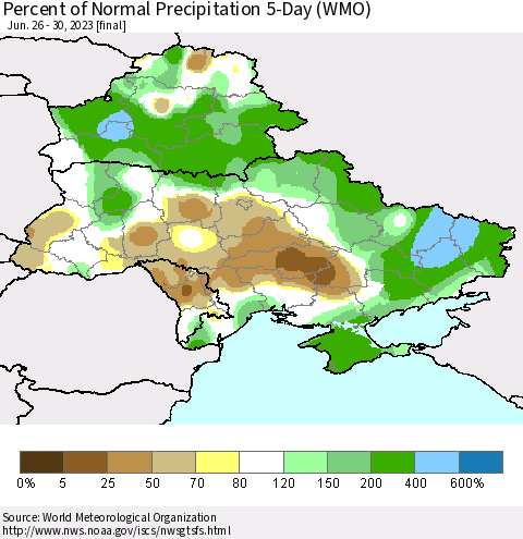Ukraine, Moldova and Belarus Percent of Normal Precipitation 5-Day (WMO) Thematic Map For 6/26/2023 - 6/30/2023