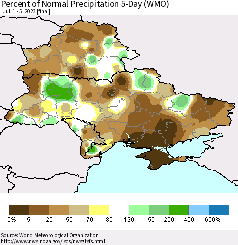 Ukraine, Moldova and Belarus Percent of Normal Precipitation 5-Day (WMO) Thematic Map For 7/1/2023 - 7/5/2023