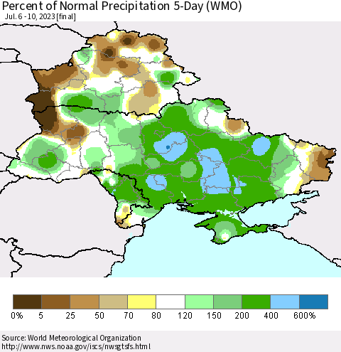 Ukraine, Moldova and Belarus Percent of Normal Precipitation 5-Day (WMO) Thematic Map For 7/6/2023 - 7/10/2023