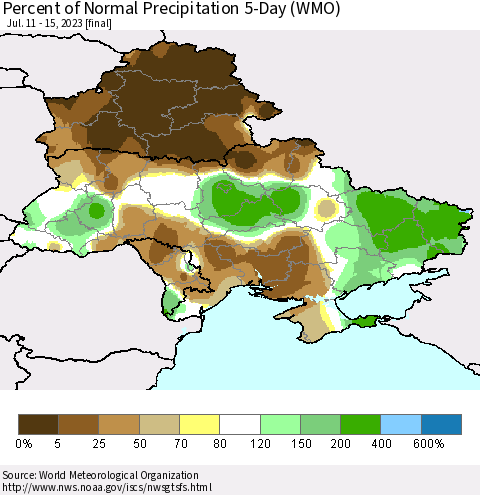 Ukraine, Moldova and Belarus Percent of Normal Precipitation 5-Day (WMO) Thematic Map For 7/11/2023 - 7/15/2023