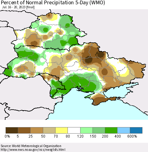 Ukraine, Moldova and Belarus Percent of Normal Precipitation 5-Day (WMO) Thematic Map For 7/16/2023 - 7/20/2023