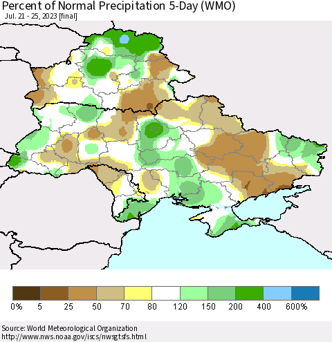 Ukraine, Moldova and Belarus Percent of Normal Precipitation 5-Day (WMO) Thematic Map For 7/21/2023 - 7/25/2023