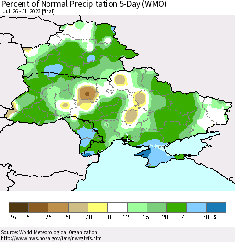 Ukraine, Moldova and Belarus Percent of Normal Precipitation 5-Day (WMO) Thematic Map For 7/26/2023 - 7/31/2023