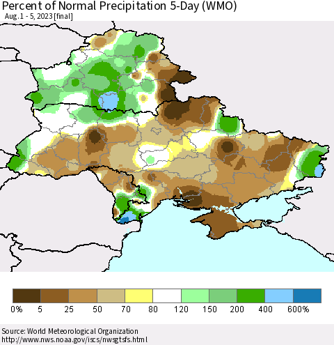 Ukraine, Moldova and Belarus Percent of Normal Precipitation 5-Day (WMO) Thematic Map For 8/1/2023 - 8/5/2023