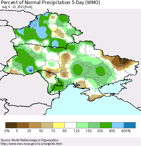Ukraine, Moldova and Belarus Percent of Normal Precipitation 5-Day (WMO) Thematic Map For 8/6/2023 - 8/10/2023