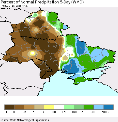 Ukraine, Moldova and Belarus Percent of Normal Precipitation 5-Day (WMO) Thematic Map For 8/11/2023 - 8/15/2023