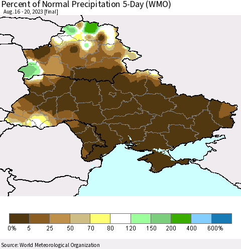 Ukraine, Moldova and Belarus Percent of Normal Precipitation 5-Day (WMO) Thematic Map For 8/16/2023 - 8/20/2023