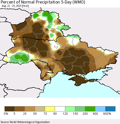 Ukraine, Moldova and Belarus Percent of Normal Precipitation 5-Day (WMO) Thematic Map For 8/21/2023 - 8/25/2023