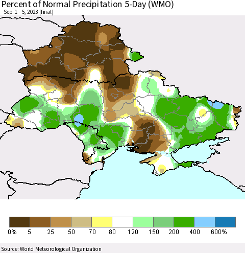 Ukraine, Moldova and Belarus Percent of Normal Precipitation 5-Day (WMO) Thematic Map For 9/1/2023 - 9/5/2023