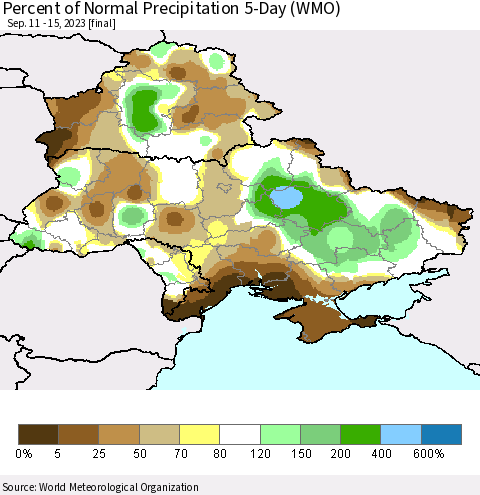 Ukraine, Moldova and Belarus Percent of Normal Precipitation 5-Day (WMO) Thematic Map For 9/11/2023 - 9/15/2023