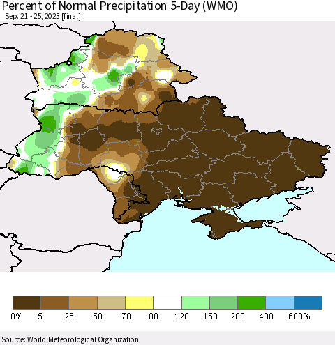 Ukraine, Moldova and Belarus Percent of Normal Precipitation 5-Day (WMO) Thematic Map For 9/21/2023 - 9/25/2023