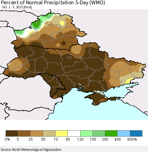 Ukraine, Moldova and Belarus Percent of Normal Precipitation 5-Day (WMO) Thematic Map For 10/1/2023 - 10/5/2023