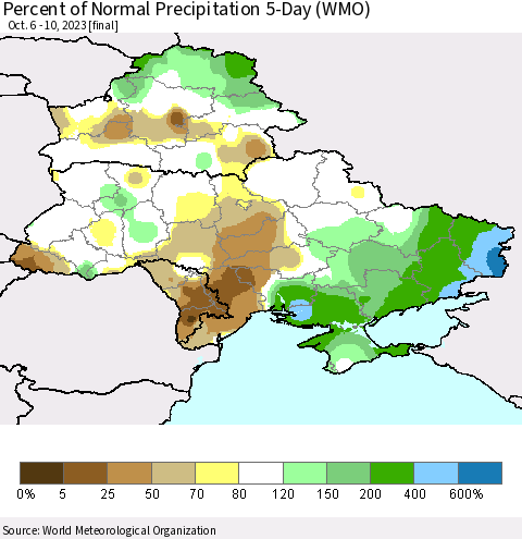 Ukraine, Moldova and Belarus Percent of Normal Precipitation 5-Day (WMO) Thematic Map For 10/6/2023 - 10/10/2023