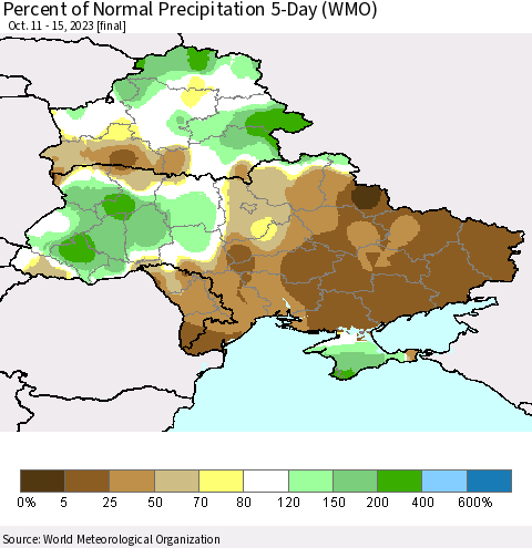 Ukraine, Moldova and Belarus Percent of Normal Precipitation 5-Day (WMO) Thematic Map For 10/11/2023 - 10/15/2023
