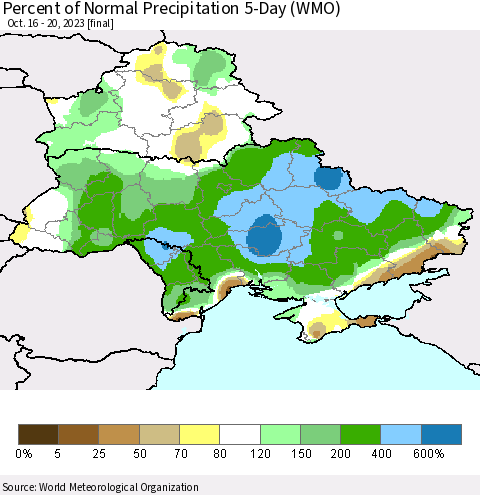 Ukraine, Moldova and Belarus Percent of Normal Precipitation 5-Day (WMO) Thematic Map For 10/16/2023 - 10/20/2023