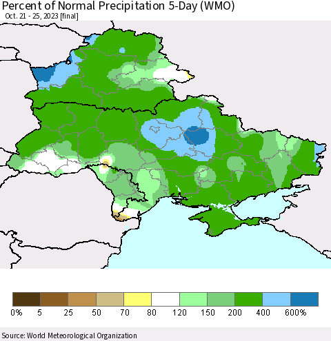 Ukraine, Moldova and Belarus Percent of Normal Precipitation 5-Day (WMO) Thematic Map For 10/21/2023 - 10/25/2023