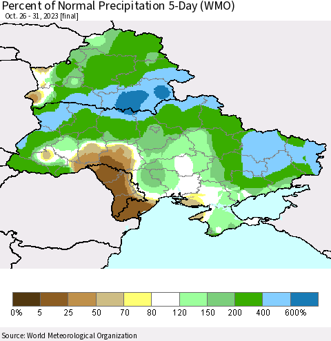 Ukraine, Moldova and Belarus Percent of Normal Precipitation 5-Day (WMO) Thematic Map For 10/26/2023 - 10/31/2023