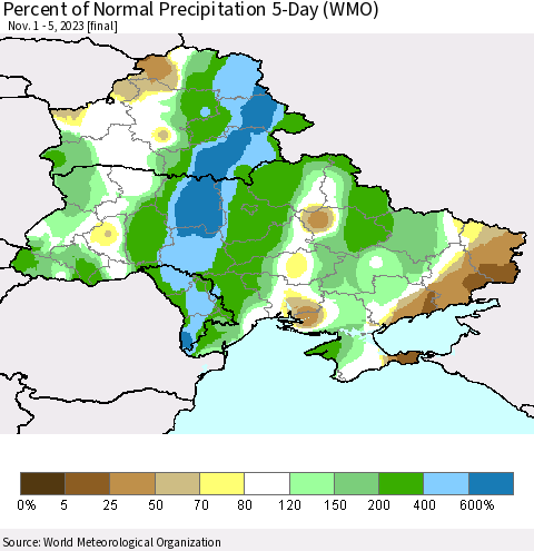 Ukraine, Moldova and Belarus Percent of Normal Precipitation 5-Day (WMO) Thematic Map For 11/1/2023 - 11/5/2023