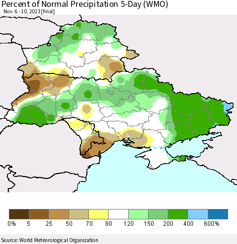 Ukraine, Moldova and Belarus Percent of Normal Precipitation 5-Day (WMO) Thematic Map For 11/6/2023 - 11/10/2023