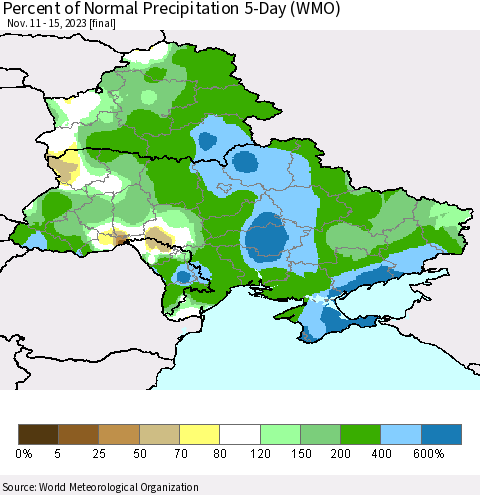 Ukraine, Moldova and Belarus Percent of Normal Precipitation 5-Day (WMO) Thematic Map For 11/11/2023 - 11/15/2023
