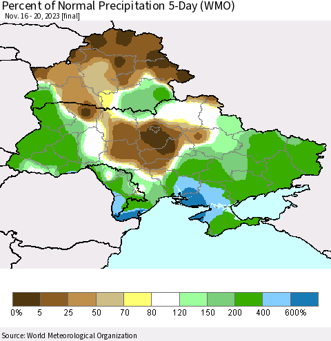 Ukraine, Moldova and Belarus Percent of Normal Precipitation 5-Day (WMO) Thematic Map For 11/16/2023 - 11/20/2023