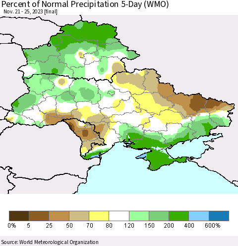 Ukraine, Moldova and Belarus Percent of Normal Precipitation 5-Day (WMO) Thematic Map For 11/21/2023 - 11/25/2023