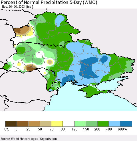Ukraine, Moldova and Belarus Percent of Normal Precipitation 5-Day (WMO) Thematic Map For 11/26/2023 - 11/30/2023