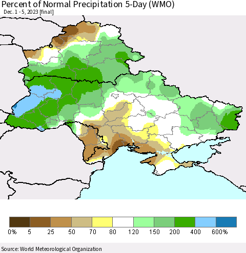 Ukraine, Moldova and Belarus Percent of Normal Precipitation 5-Day (WMO) Thematic Map For 12/1/2023 - 12/5/2023