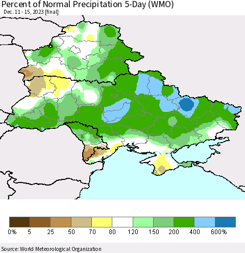Ukraine, Moldova and Belarus Percent of Normal Precipitation 5-Day (WMO) Thematic Map For 12/11/2023 - 12/15/2023