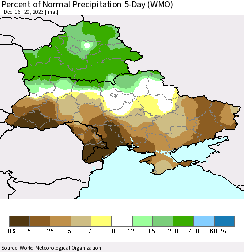 Ukraine, Moldova and Belarus Percent of Normal Precipitation 5-Day (WMO) Thematic Map For 12/16/2023 - 12/20/2023
