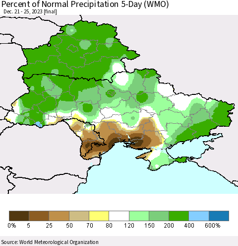 Ukraine, Moldova and Belarus Percent of Normal Precipitation 5-Day (WMO) Thematic Map For 12/21/2023 - 12/25/2023